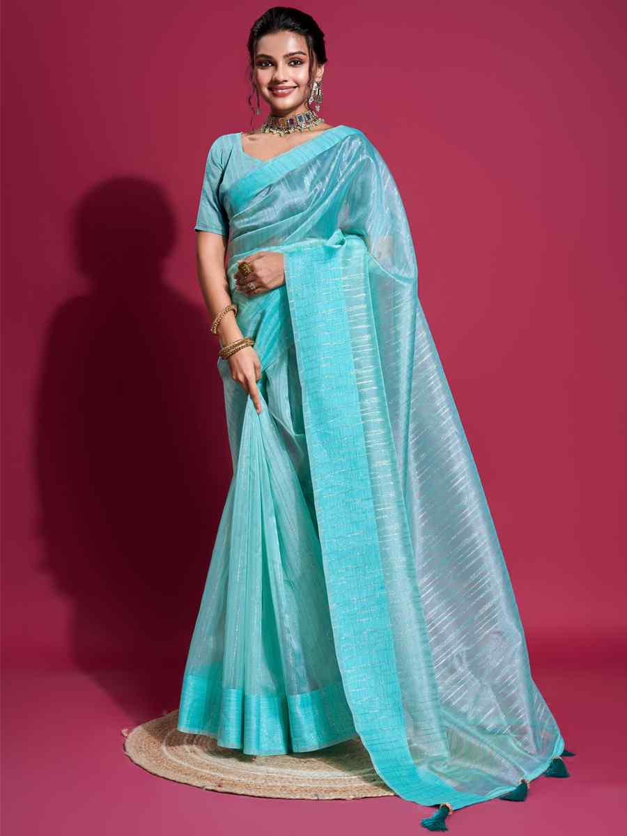 Sky Blue Organza Handwoven Festival Wedding Heavy Border Saree