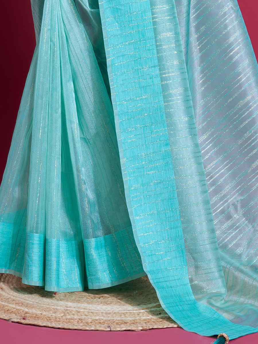 Sky Blue Organza Handwoven Festival Wedding Heavy Border Saree