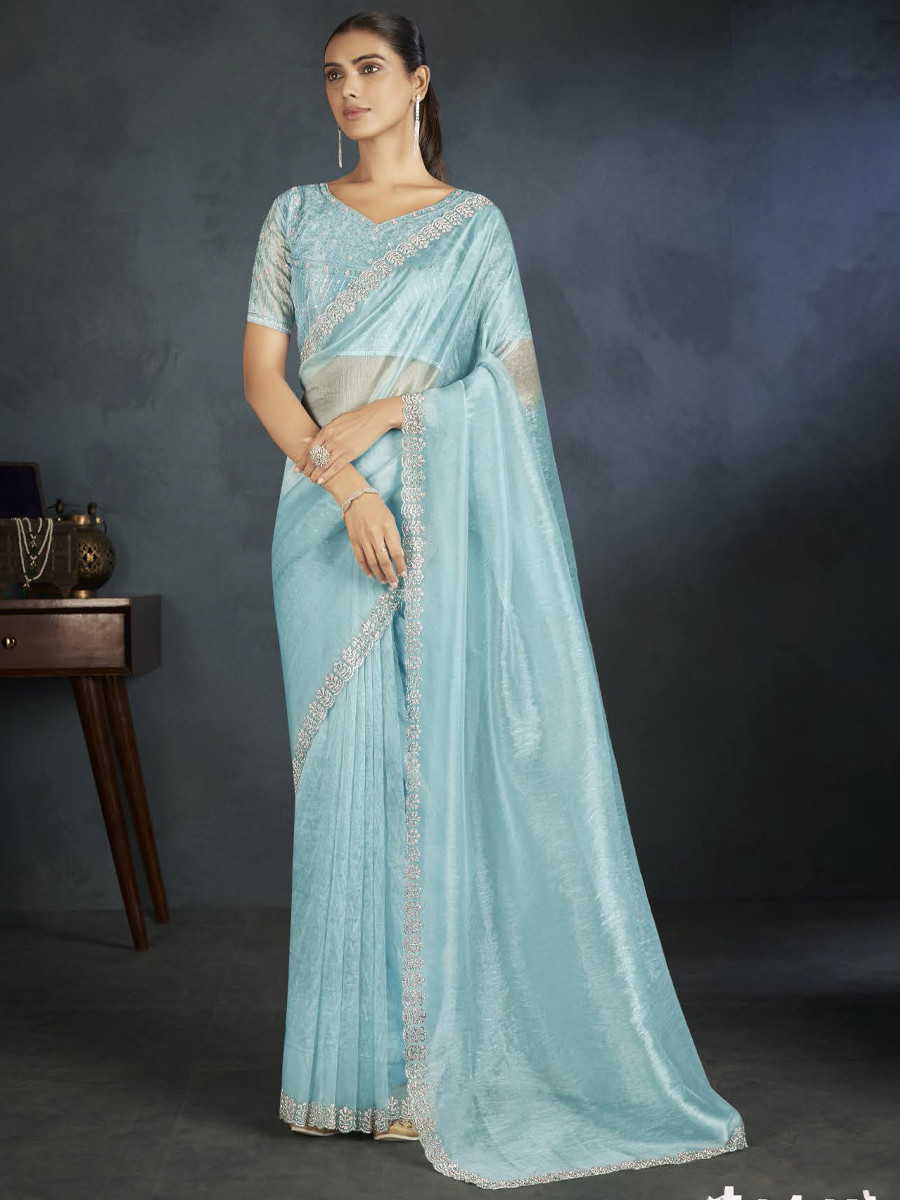 Sky Blue Organza Handwoven Festival Wedding Heavy Border Saree