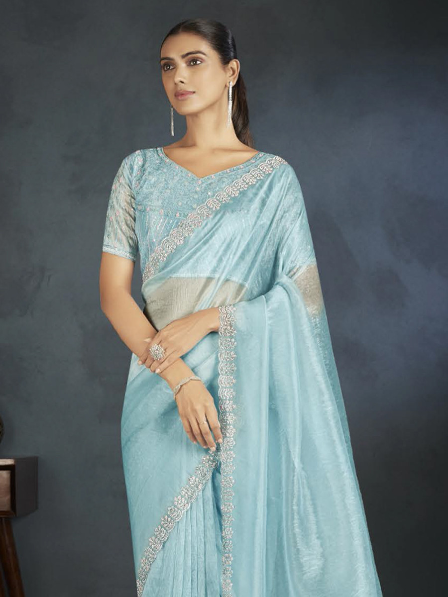 Sky Blue Organza Handwoven Festival Wedding Heavy Border Saree