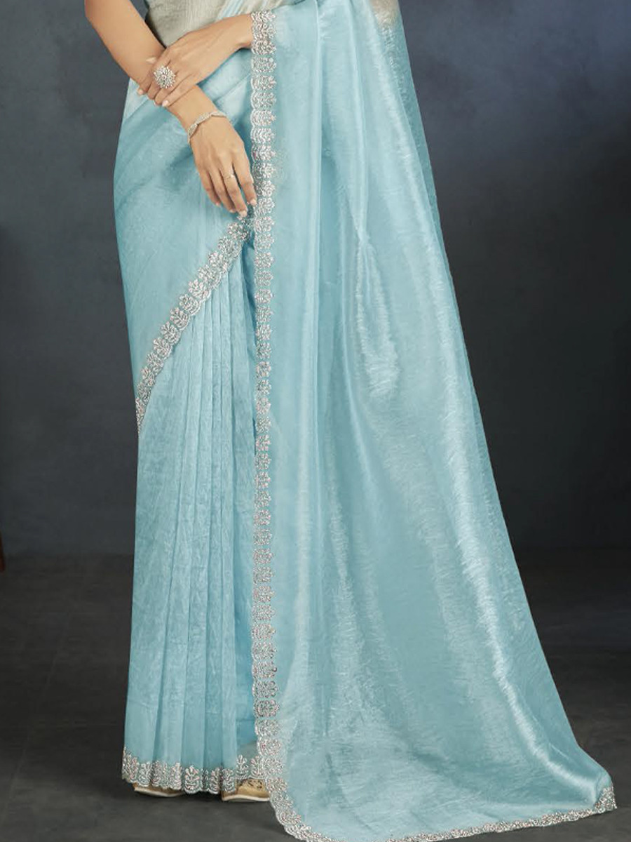 Sky Blue Organza Handwoven Festival Wedding Heavy Border Saree