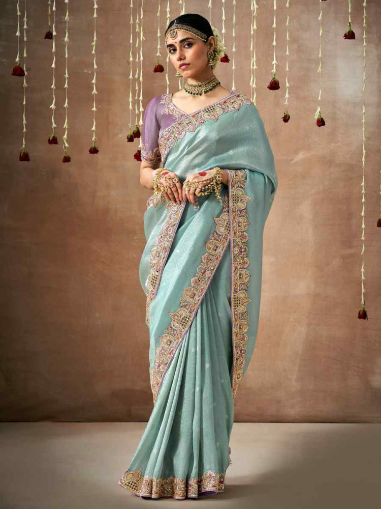 Sky Blue Organza Silk Embroidered Reception Wedding Heavy Border Saree