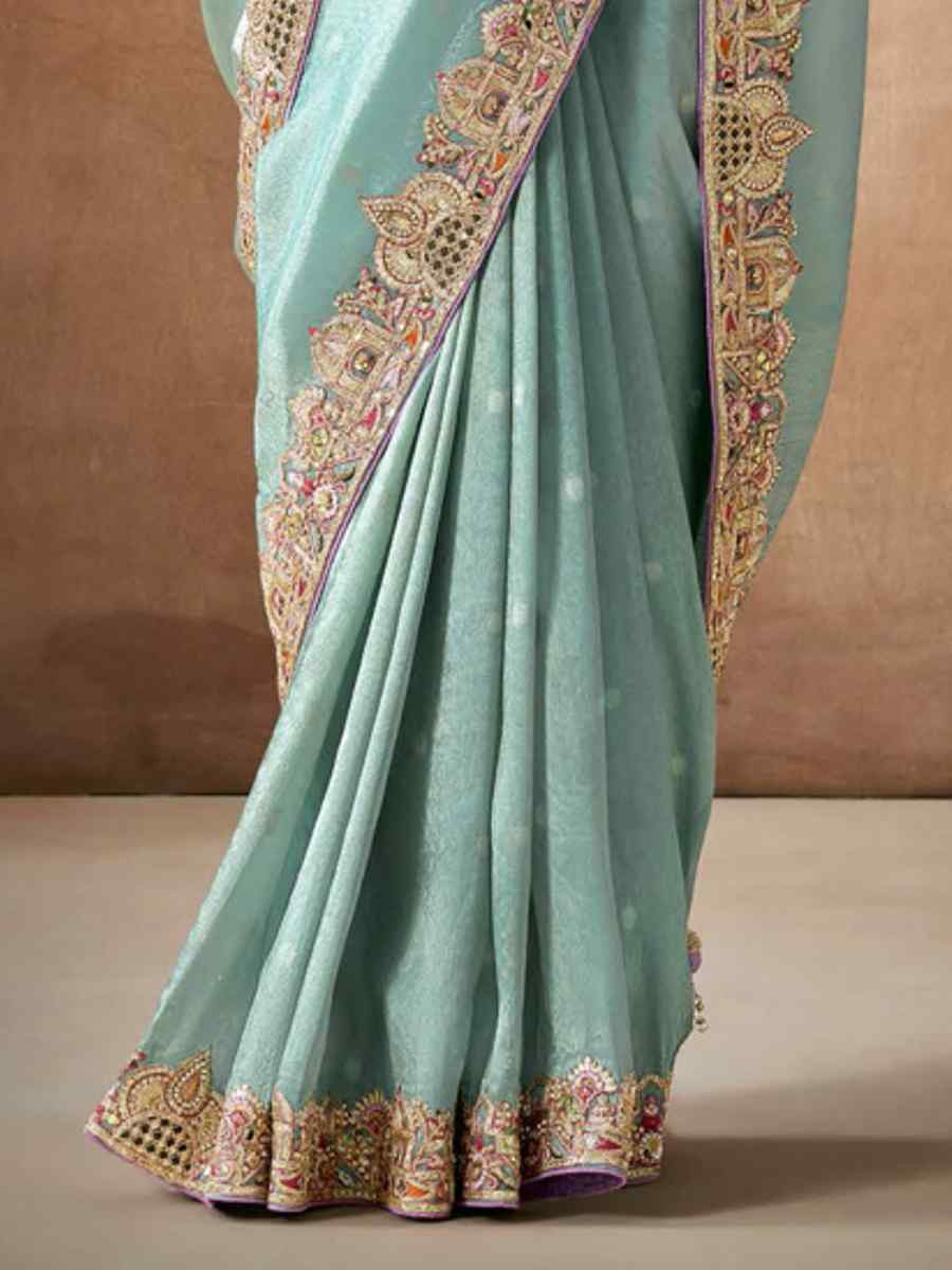 Sky Blue Organza Silk Embroidered Reception Wedding Heavy Border Saree