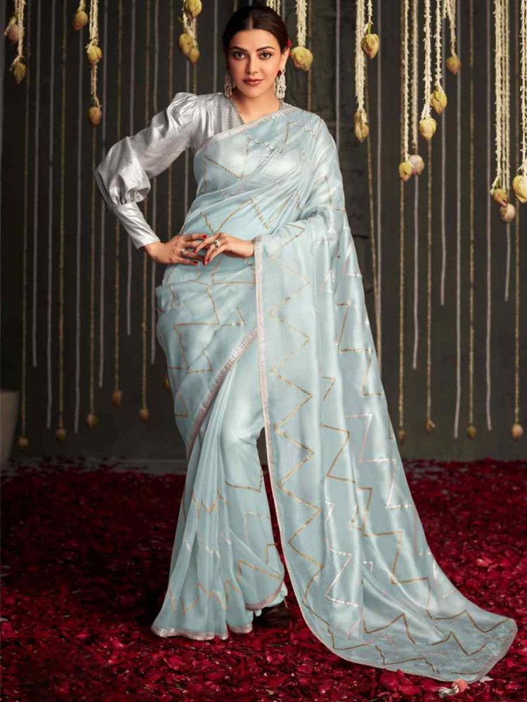 Sky Blue Organza Tissue Handwoven Party Festival Classic Style Saree