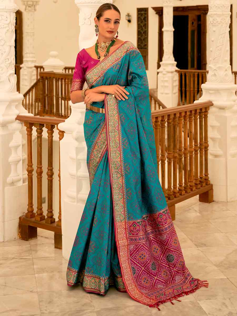 Sky Blue Patola Banarasi Silk Handwoven Wedding Festival Heavy Border Saree