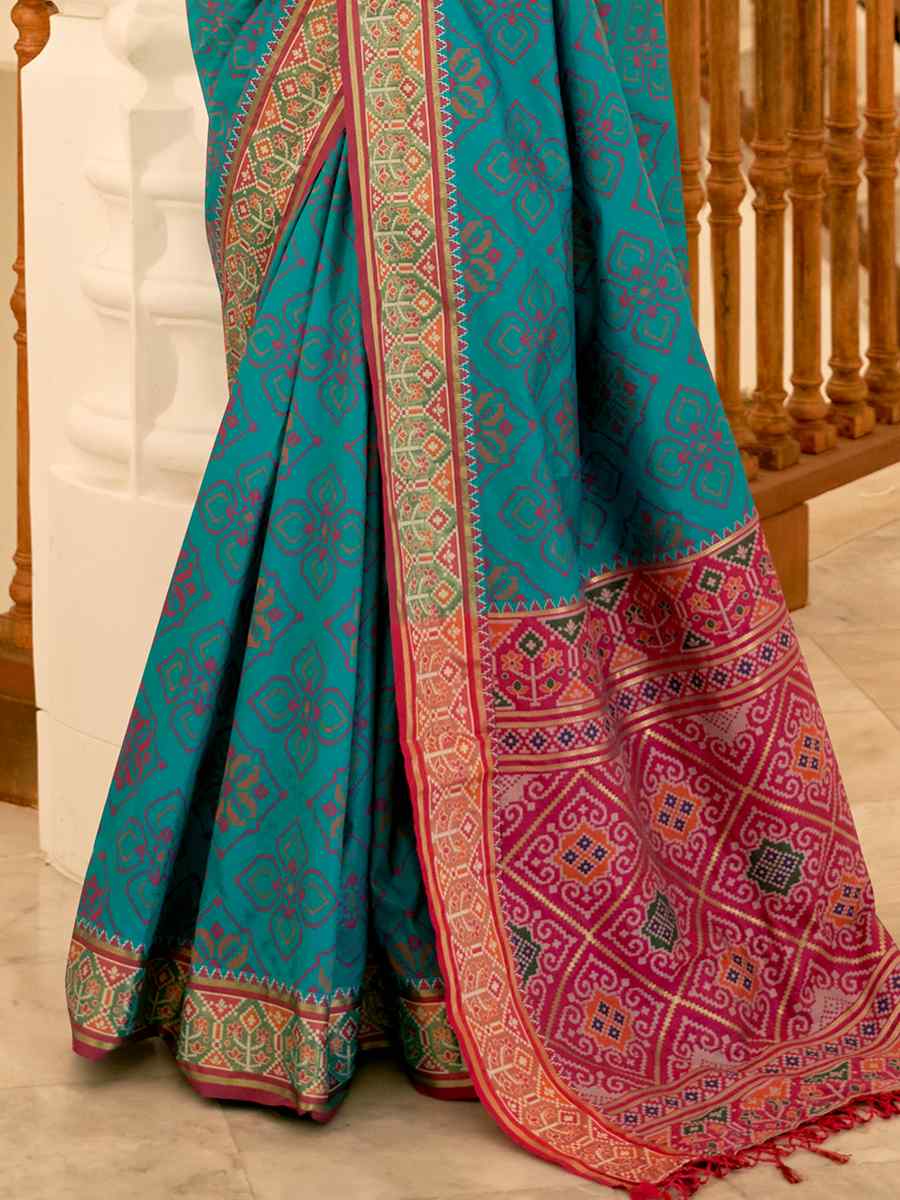 Sky Blue Patola Banarasi Silk Handwoven Wedding Festival Heavy Border Saree