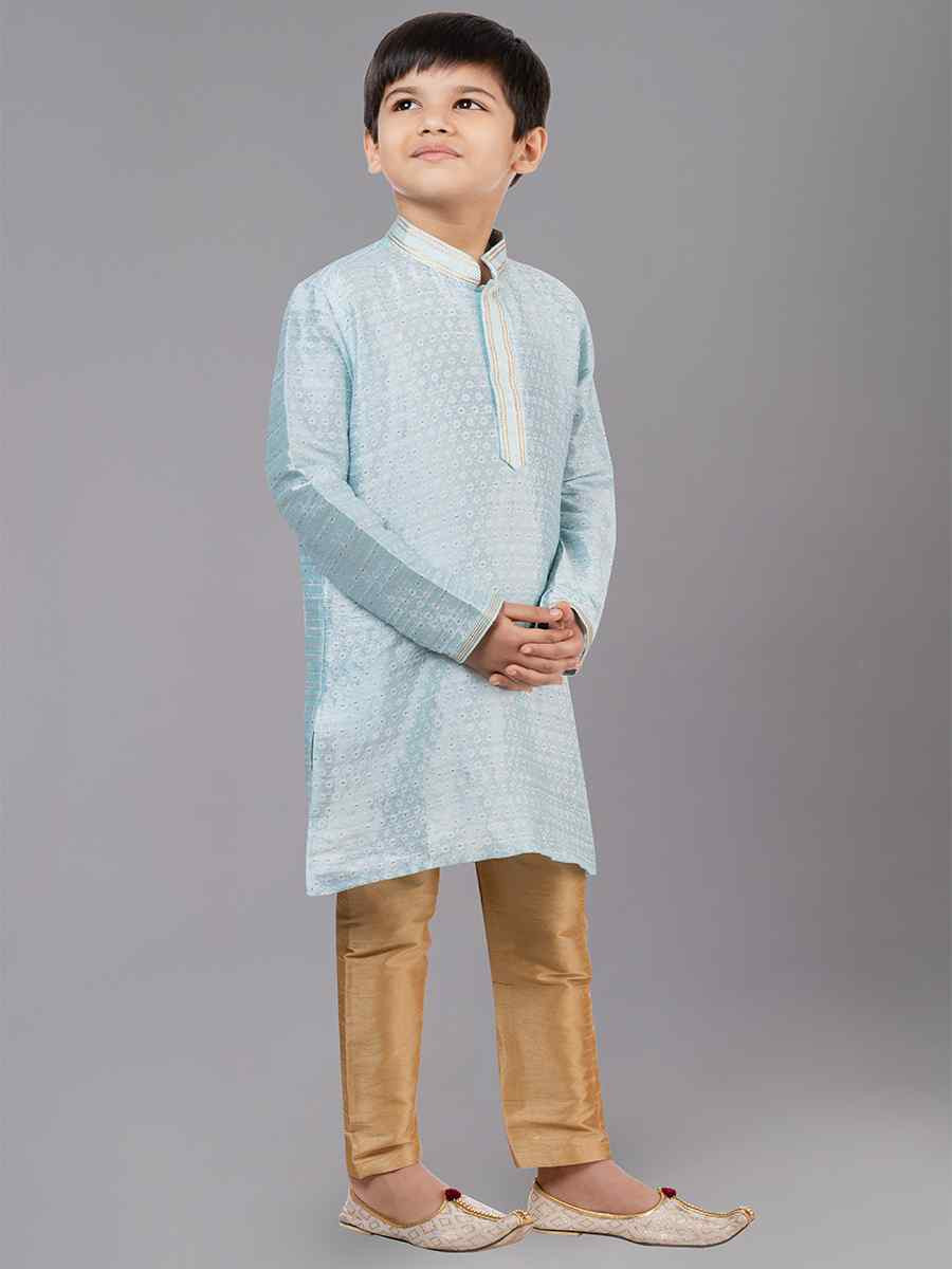 Sky Blue Polyester Cotton  Embroidered Festival Traditional Kurta Pyjama Boys Wear