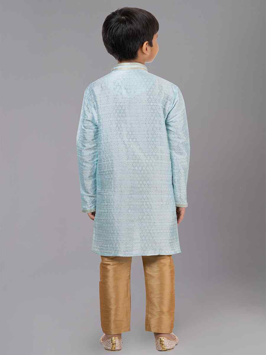 Sky Blue Polyester Cotton  Embroidered Festival Traditional Kurta Pyjama Boys Wear