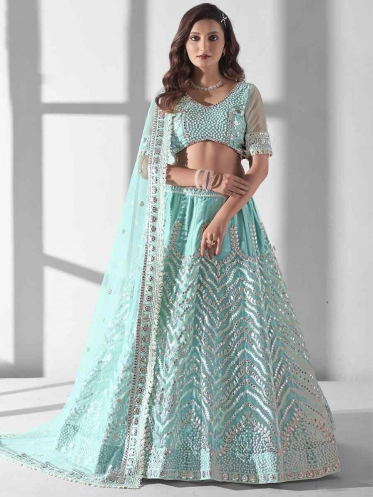 Sky Blue Premium Net Embroidered Bridesmaid Wedding Heavy Border Lehenga Choli