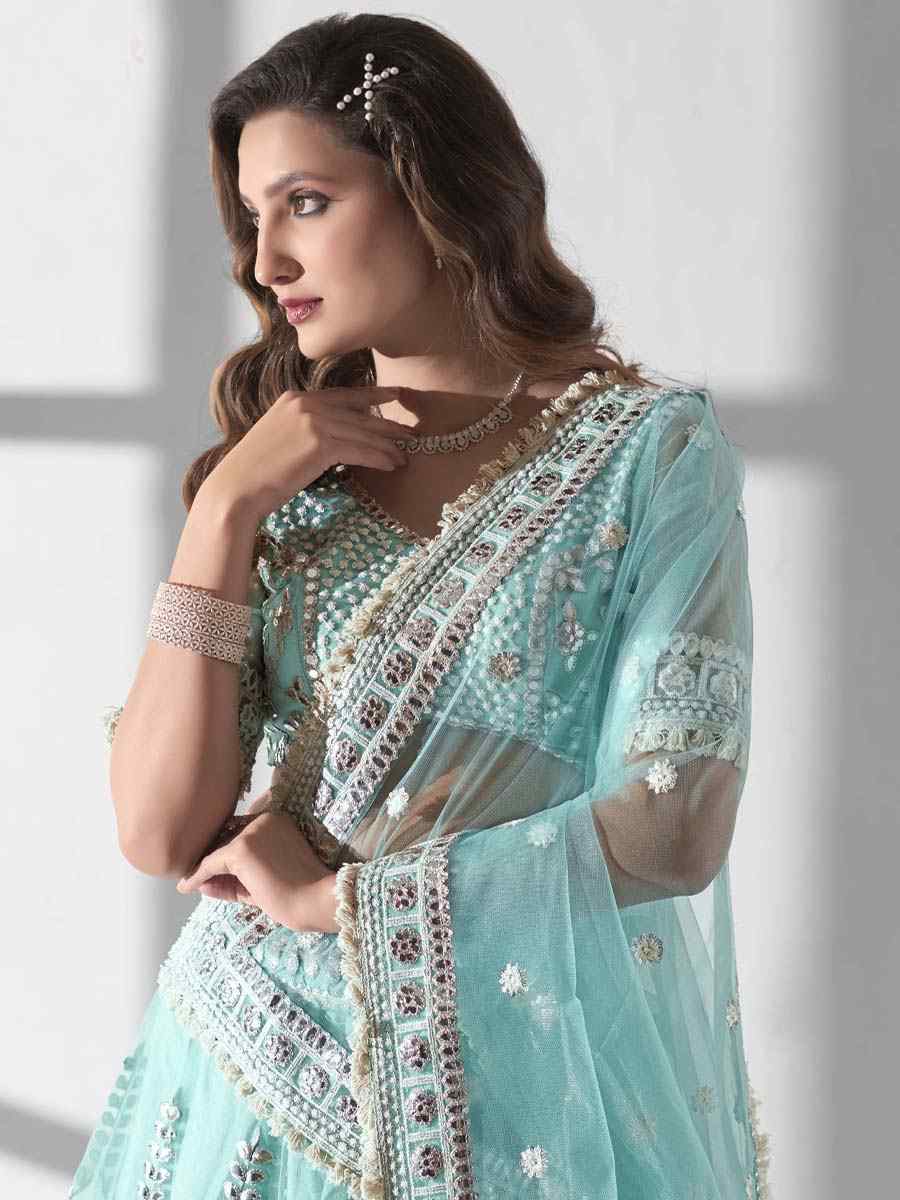 Sky Blue Premium Net Embroidered Bridesmaid Wedding Heavy Border Lehenga Choli