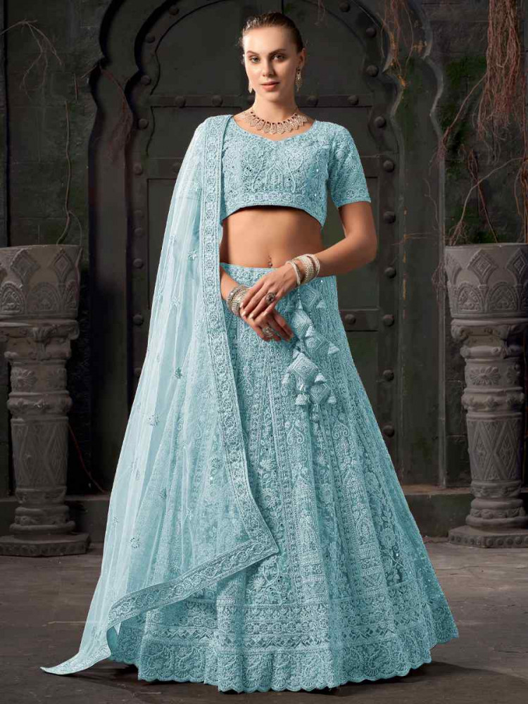 Sky Blue Premium Net Embroidered Reception Party Wear Heavy Border Lehenga Choli