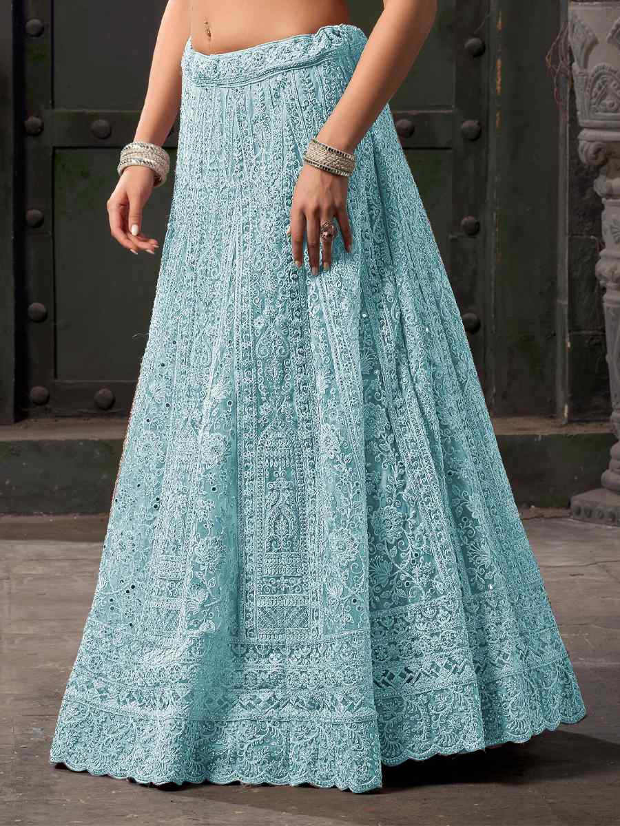 Sky Blue Premium Net Embroidered Reception Party Wear Heavy Border Lehenga Choli