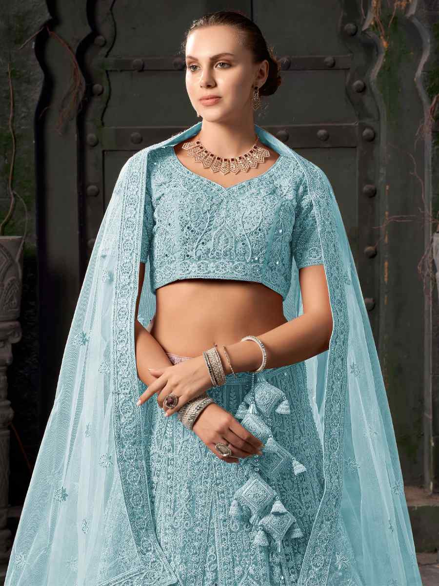 Sky Blue Premium Net Embroidered Reception Party Wear Heavy Border Lehenga Choli