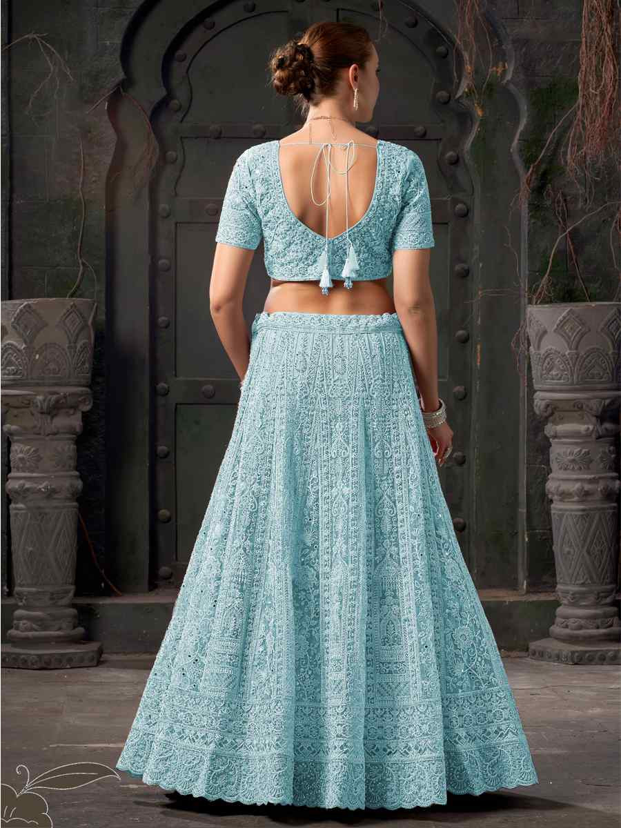 Sky Blue Premium Net Embroidered Reception Party Wear Heavy Border Lehenga Choli