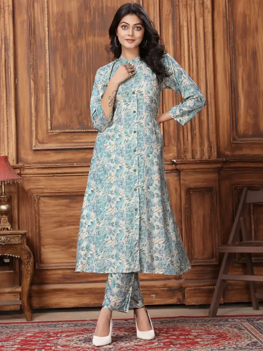 Sky Blue Premium Rayon Printed Festival Casual Gown