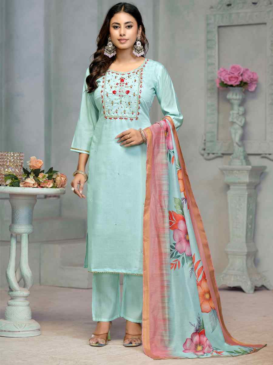 Sky Blue Premium Roman Cotton Embroidered Festival Casual Ready Pant Salwar Kameez