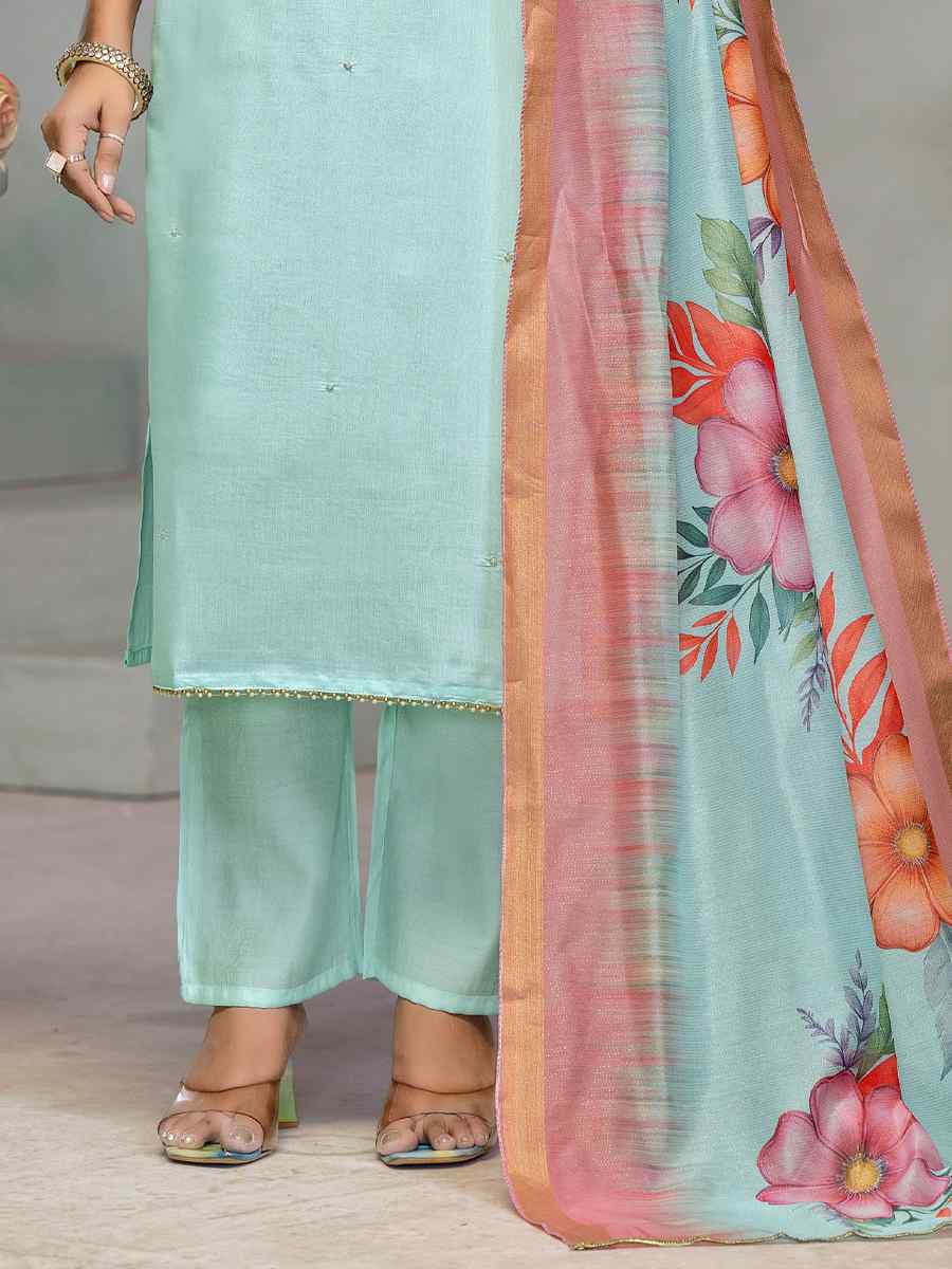 Sky Blue Premium Roman Cotton Embroidered Festival Casual Ready Pant Salwar Kameez