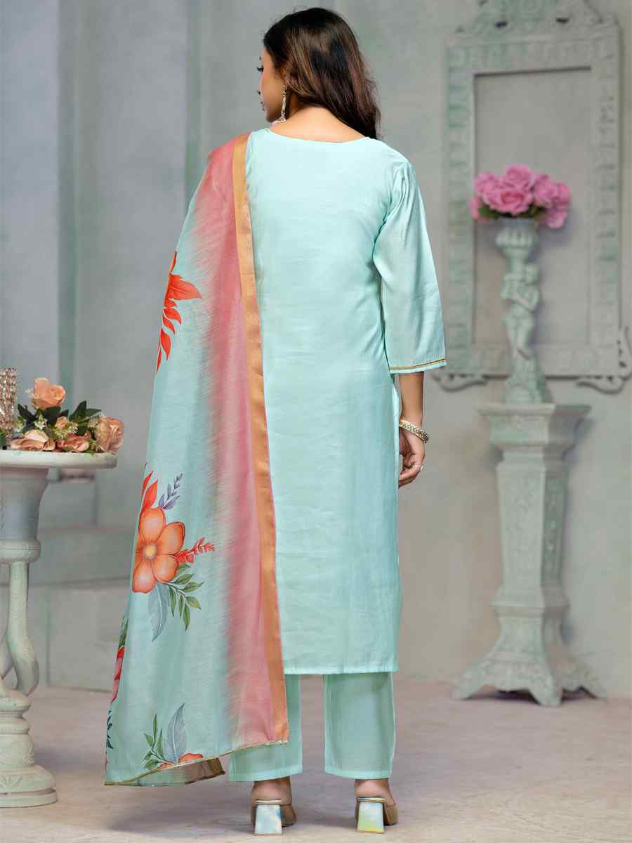 Sky Blue Premium Roman Cotton Embroidered Festival Casual Ready Pant Salwar Kameez