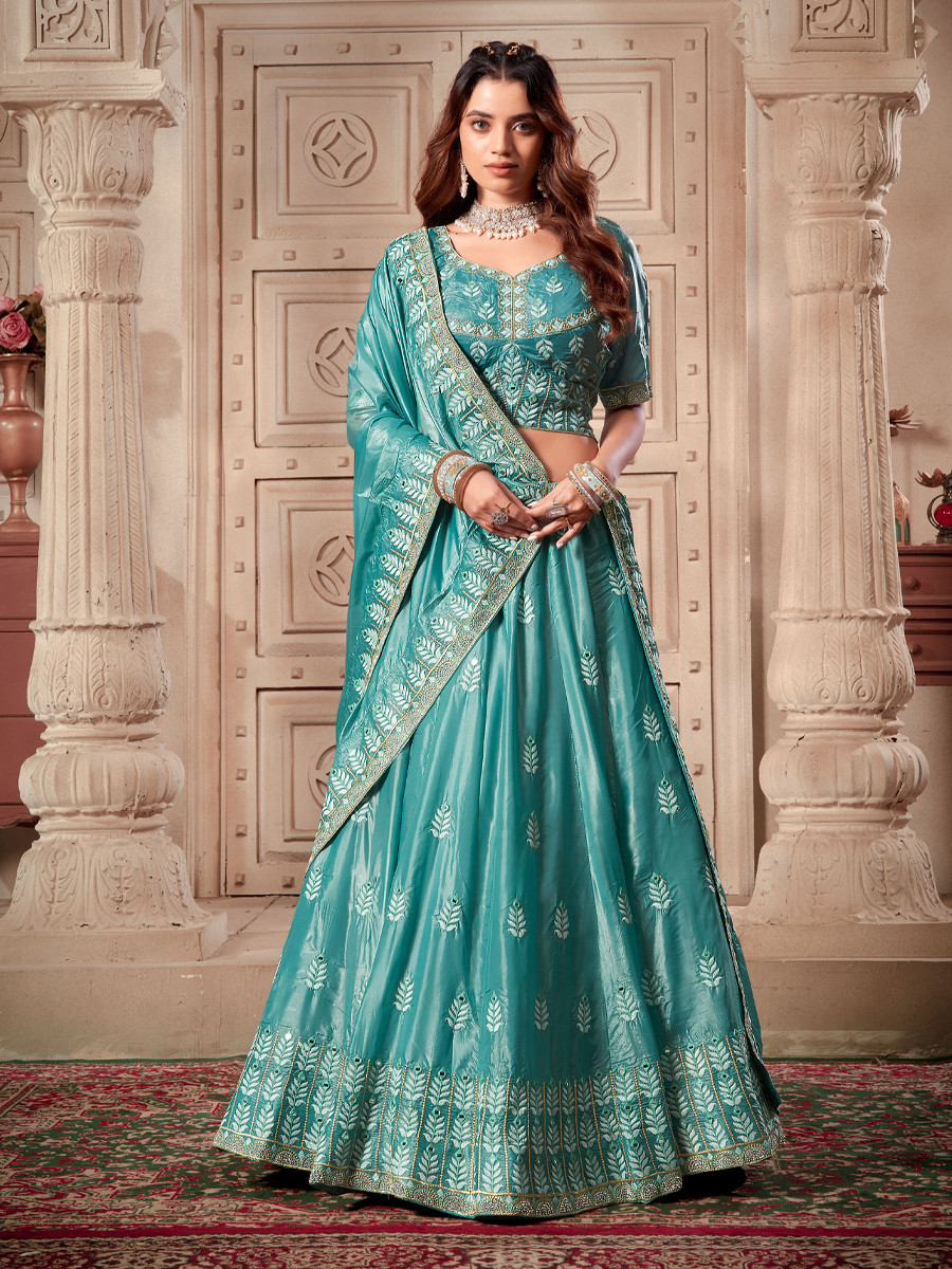 Sky Blue Premium Soft Paper Silk Embroidered Reception Wedding Heavy Border Lehenga Choli