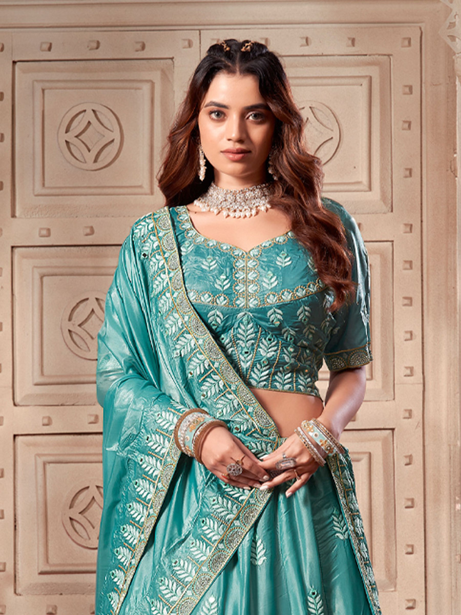 Sky Blue Premium Soft Paper Silk Embroidered Reception Wedding Heavy Border Lehenga Choli