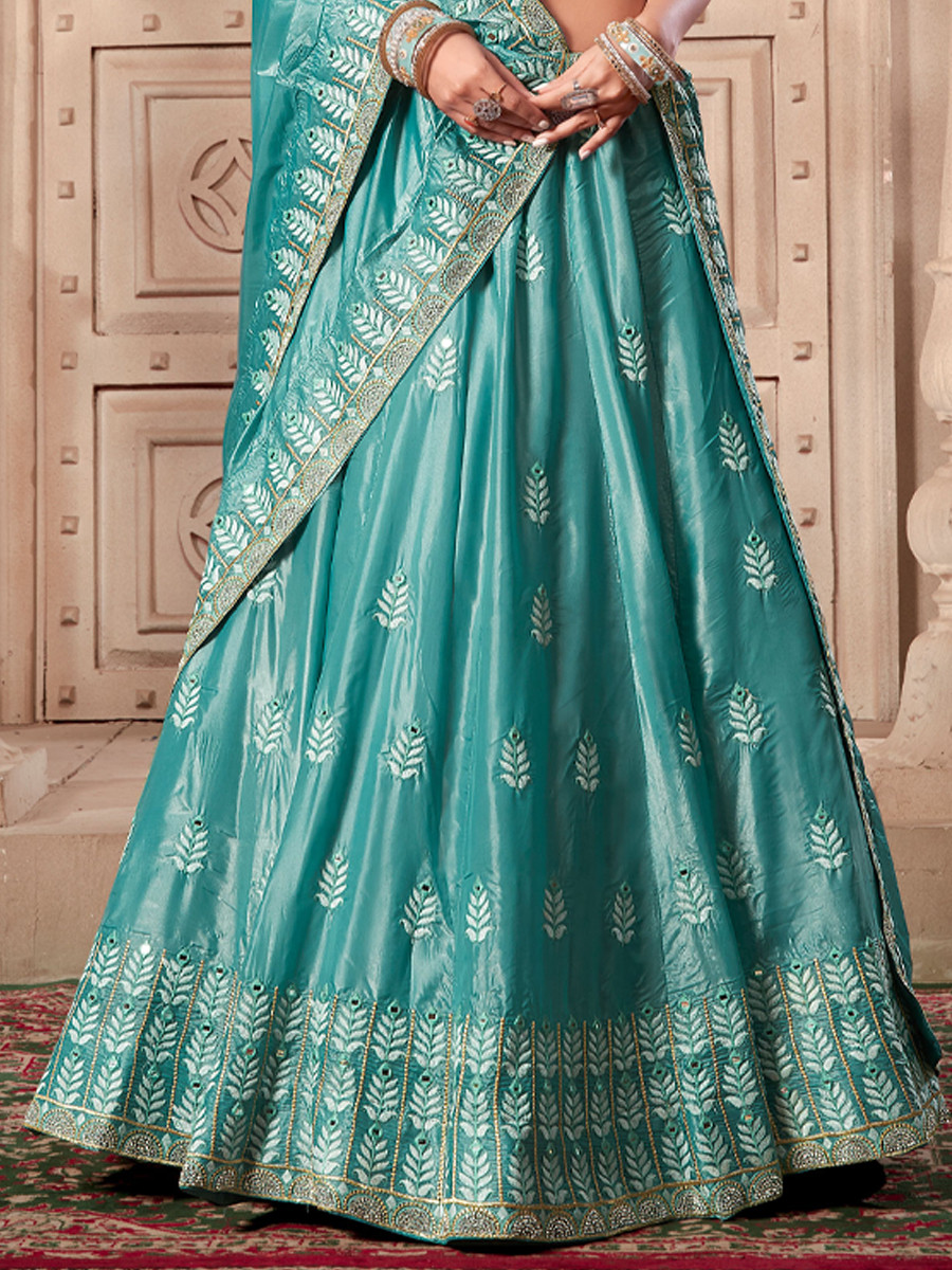 Sky Blue Premium Soft Paper Silk Embroidered Reception Wedding Heavy Border Lehenga Choli