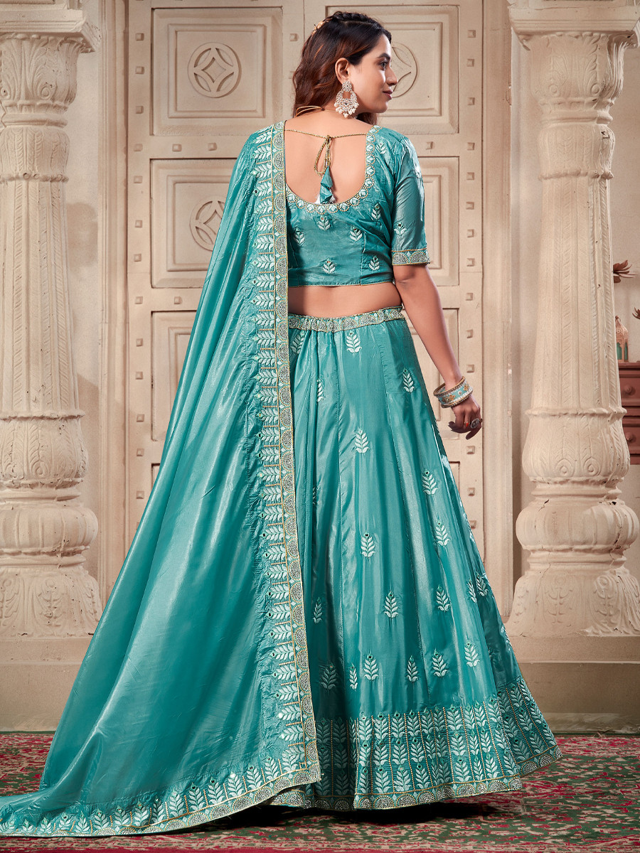 Sky Blue Premium Soft Paper Silk Embroidered Reception Wedding Heavy Border Lehenga Choli