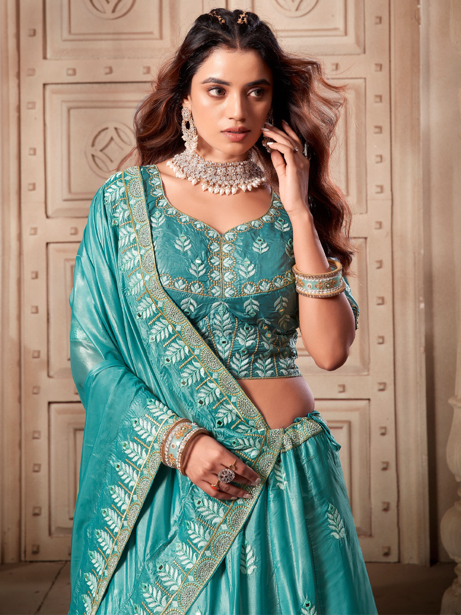 Sky Blue Premium Soft Paper Silk Embroidered Reception Wedding Heavy Border Lehenga Choli