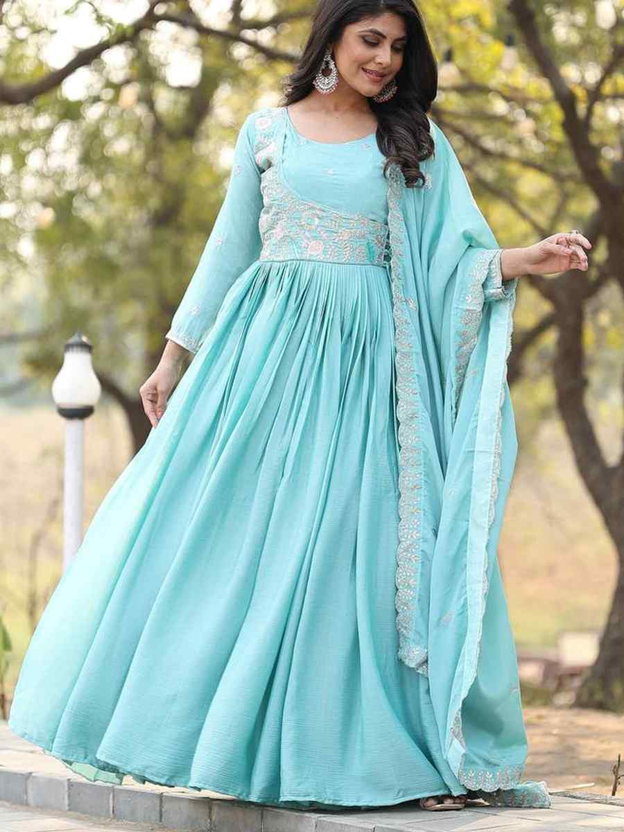 Sky Blue Pure Chinon Embroidered Festival Mehendi Gown