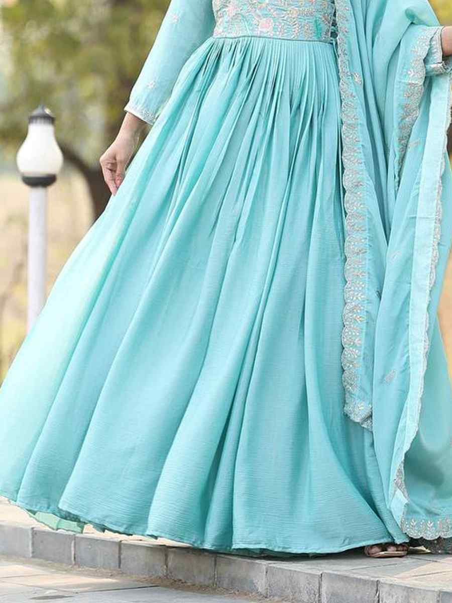 Sky Blue Pure Chinon Embroidered Festival Mehendi Gown