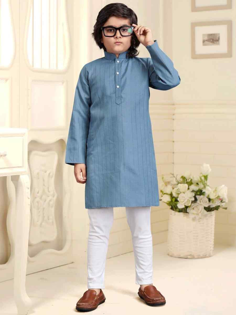 Sky Blue Pure Cotton Slub Zardosi Festival Traditional Kurta Pyjama Boys Wear