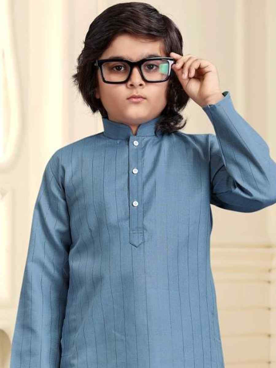 Sky Blue Pure Cotton Slub Zardosi Festival Traditional Kurta Pyjama Boys Wear