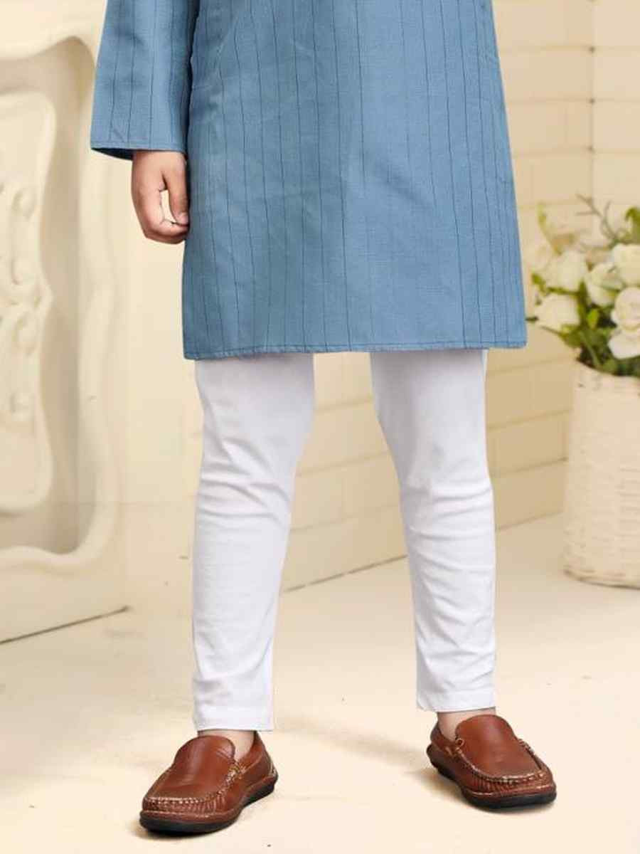 Sky Blue Pure Cotton Slub Zardosi Festival Traditional Kurta Pyjama Boys Wear