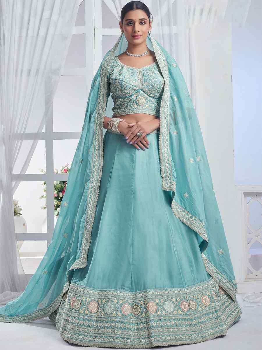 Sky Blue Pure Organza Embroidered Bridesmaid Wedding Heavy Border Lehenga Choli