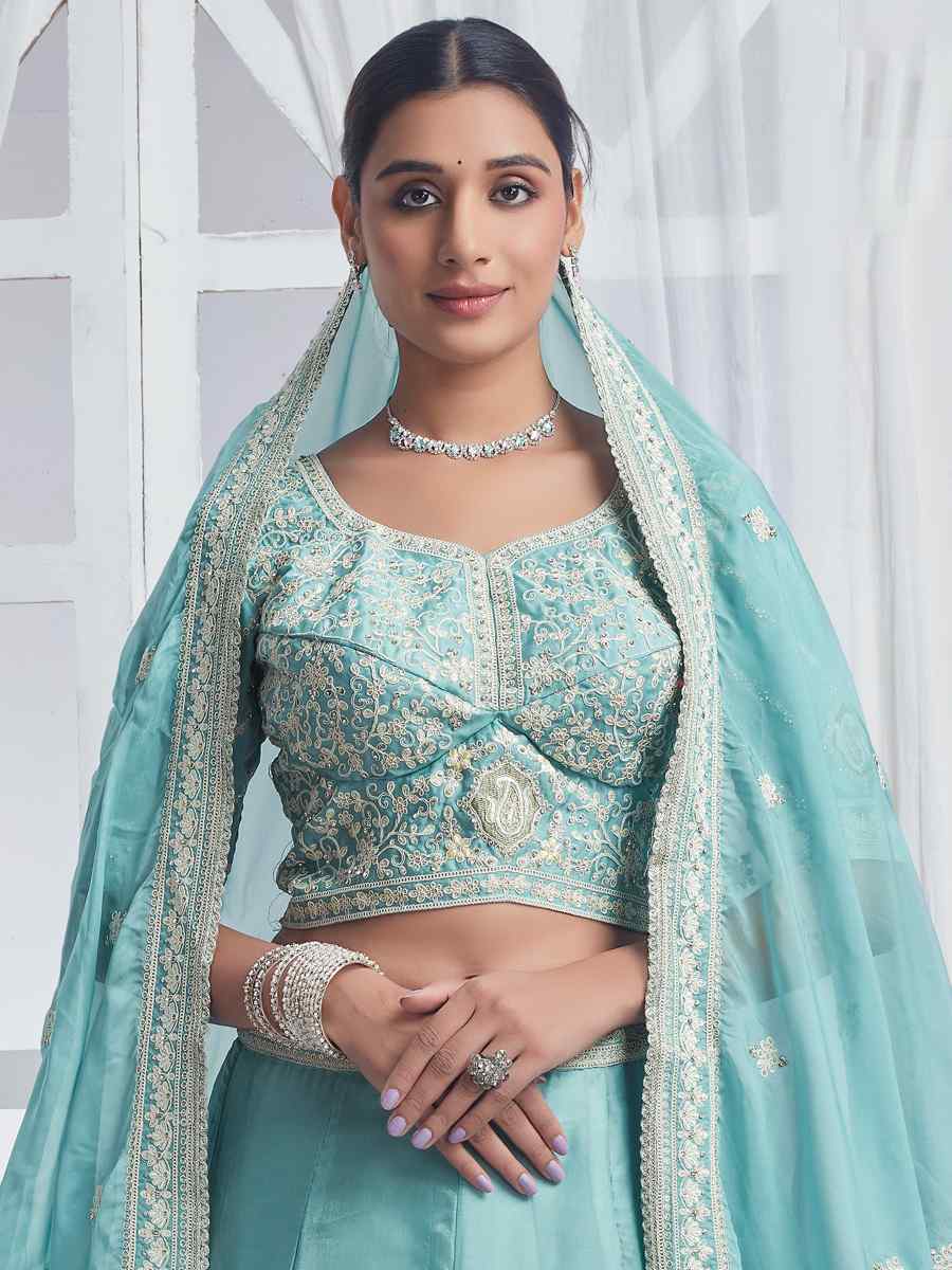 Sky Blue Pure Organza Embroidered Bridesmaid Wedding Heavy Border Lehenga Choli