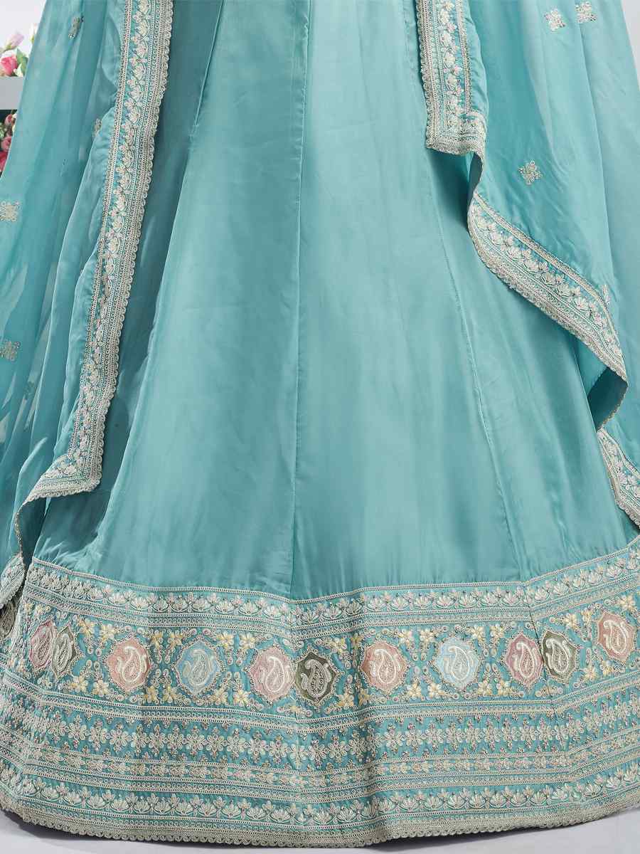 Sky Blue Pure Organza Embroidered Bridesmaid Wedding Heavy Border Lehenga Choli