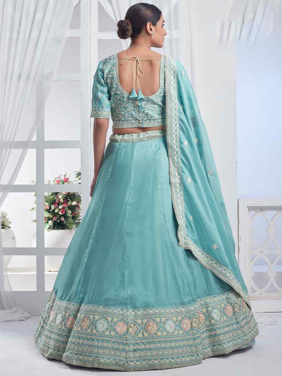 Sky Blue Pure Organza Embroidered Bridesmaid Wedding Heavy Border Lehenga Choli