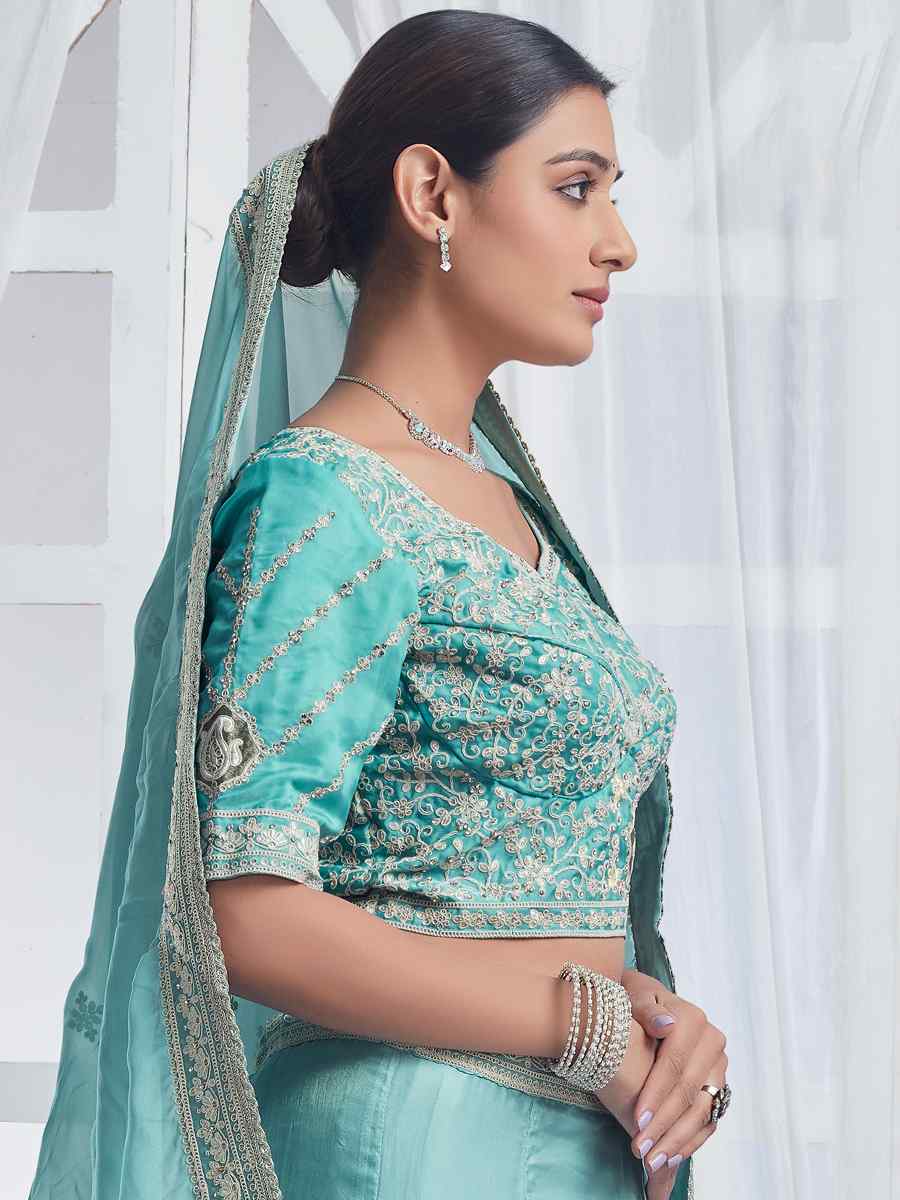 Sky Blue Pure Organza Embroidered Bridesmaid Wedding Heavy Border Lehenga Choli