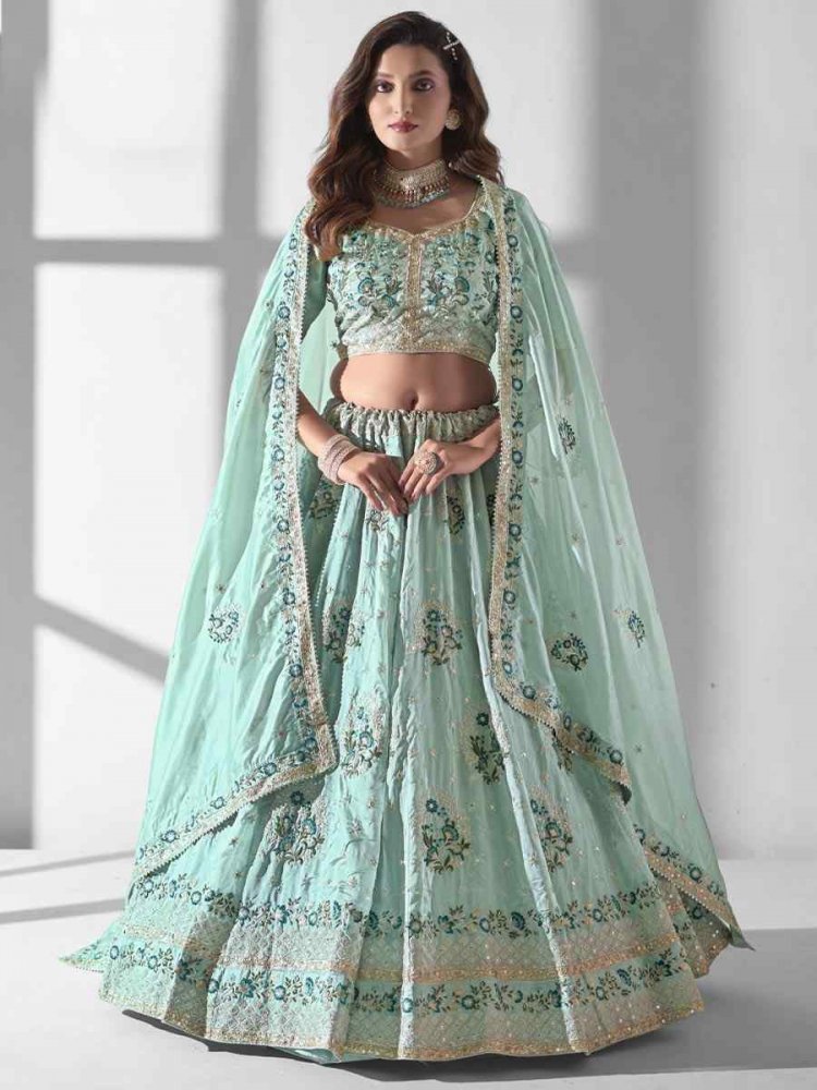 Sky Blue Pure Organza Embroidered Bridesmaid Wedding Heavy Border Lehenga Choli