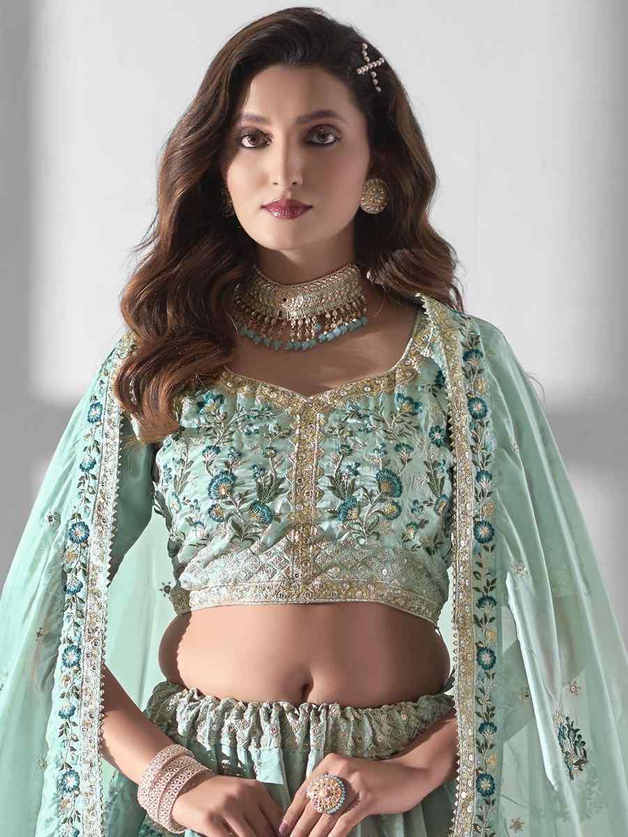 Sky Blue Pure Organza Embroidered Bridesmaid Wedding Heavy Border Lehenga Choli