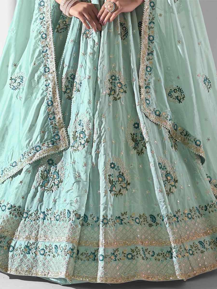 Sky Blue Pure Organza Embroidered Bridesmaid Wedding Heavy Border Lehenga Choli