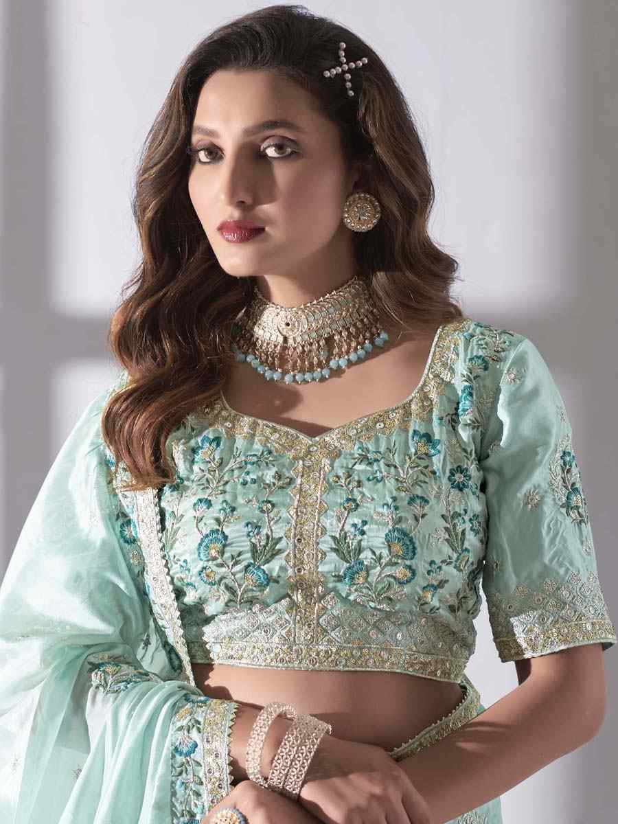 Sky Blue Pure Organza Embroidered Bridesmaid Wedding Heavy Border Lehenga Choli