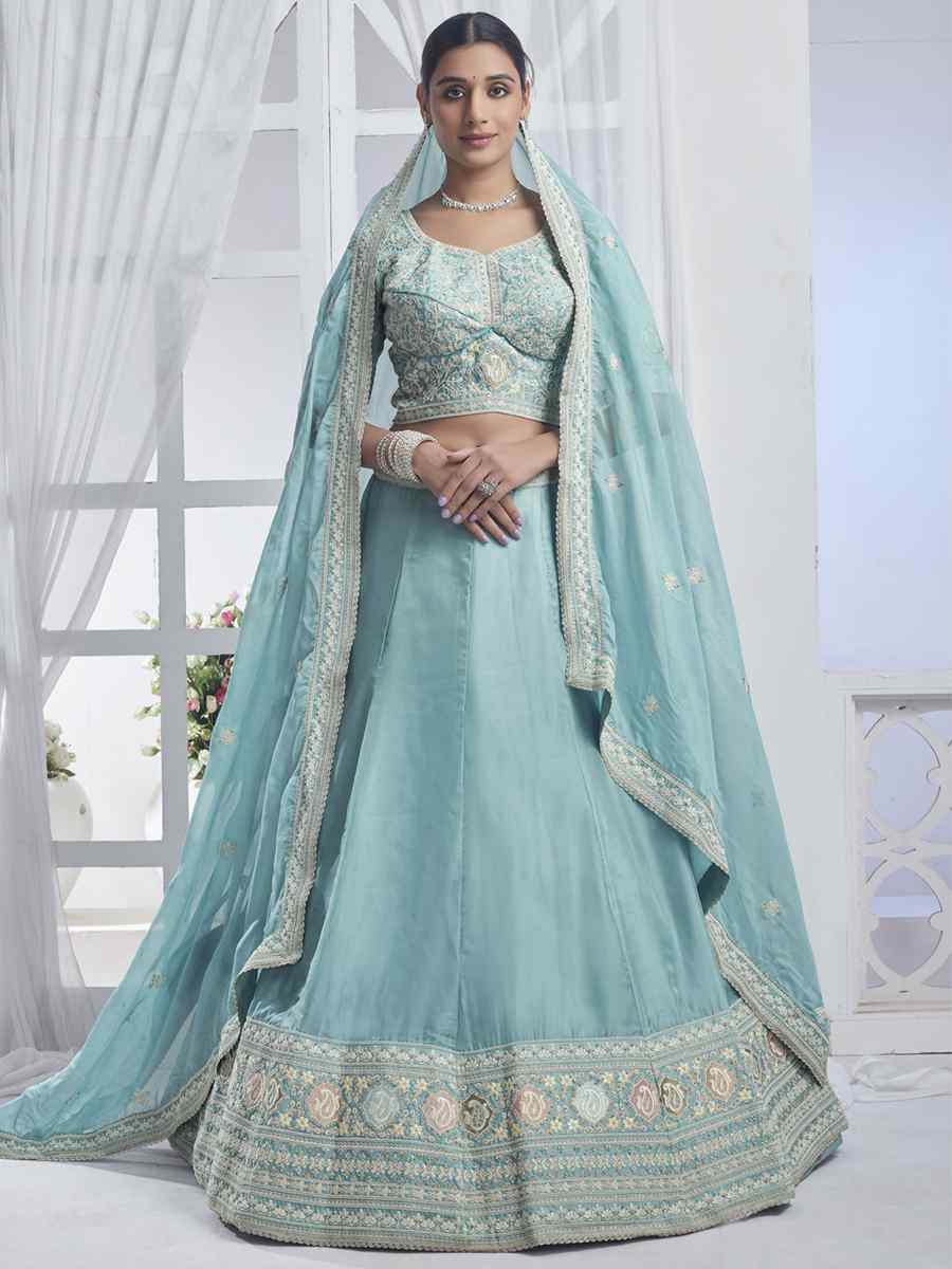 Sky Blue Pure Organza Embroidered Bridesmaid Wedding Heavy Border Lehenga Choli