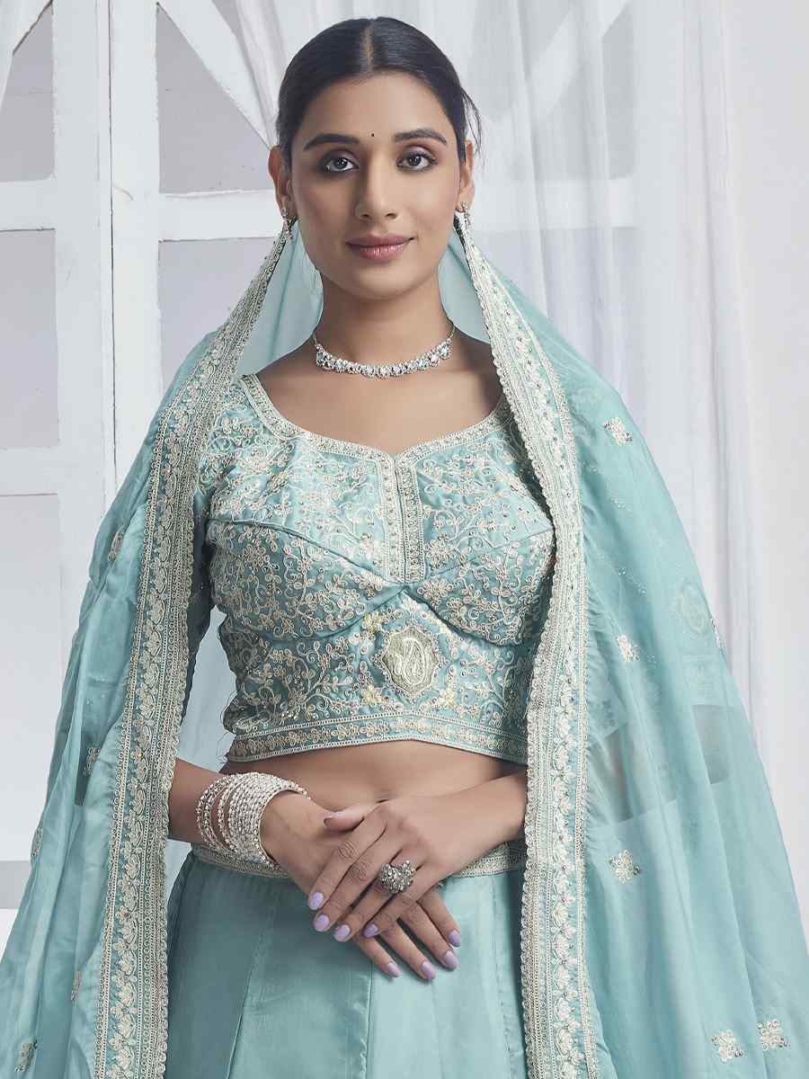 Sky Blue Pure Organza Embroidered Bridesmaid Wedding Heavy Border Lehenga Choli