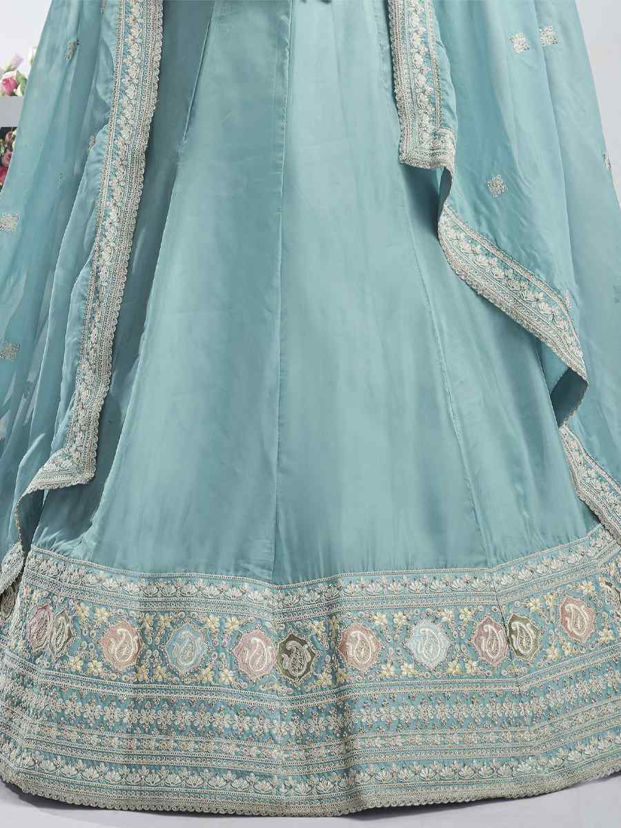 Sky Blue Pure Organza Embroidered Bridesmaid Wedding Heavy Border Lehenga Choli