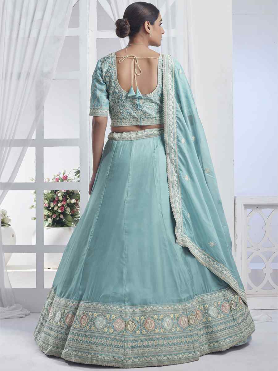 Sky Blue Pure Organza Embroidered Bridesmaid Wedding Heavy Border Lehenga Choli