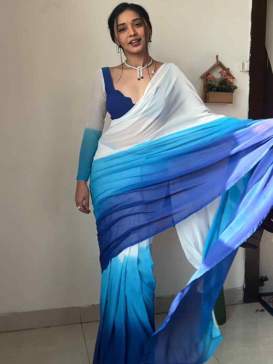 Sky Blue Pure Soft Georgette Silk Printed Festival Casual Contemporary Saree