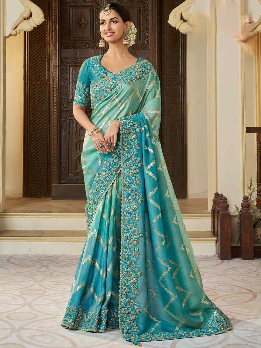 Sky Blue Pure Tissue Silk Embroidered Festival Wedding Heavy Border Saree