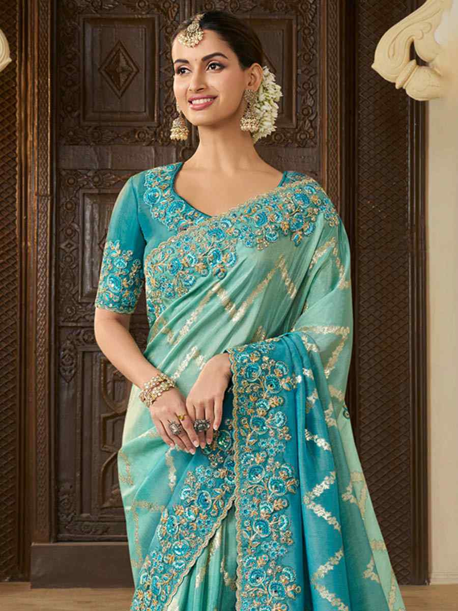 Sky Blue Pure Tissue Silk Embroidered Festival Wedding Heavy Border Saree