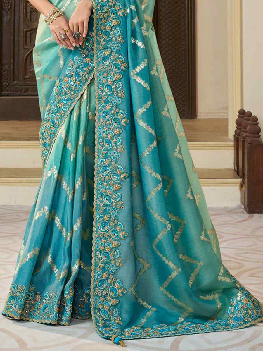 Sky Blue Pure Tissue Silk Embroidered Festival Wedding Heavy Border Saree