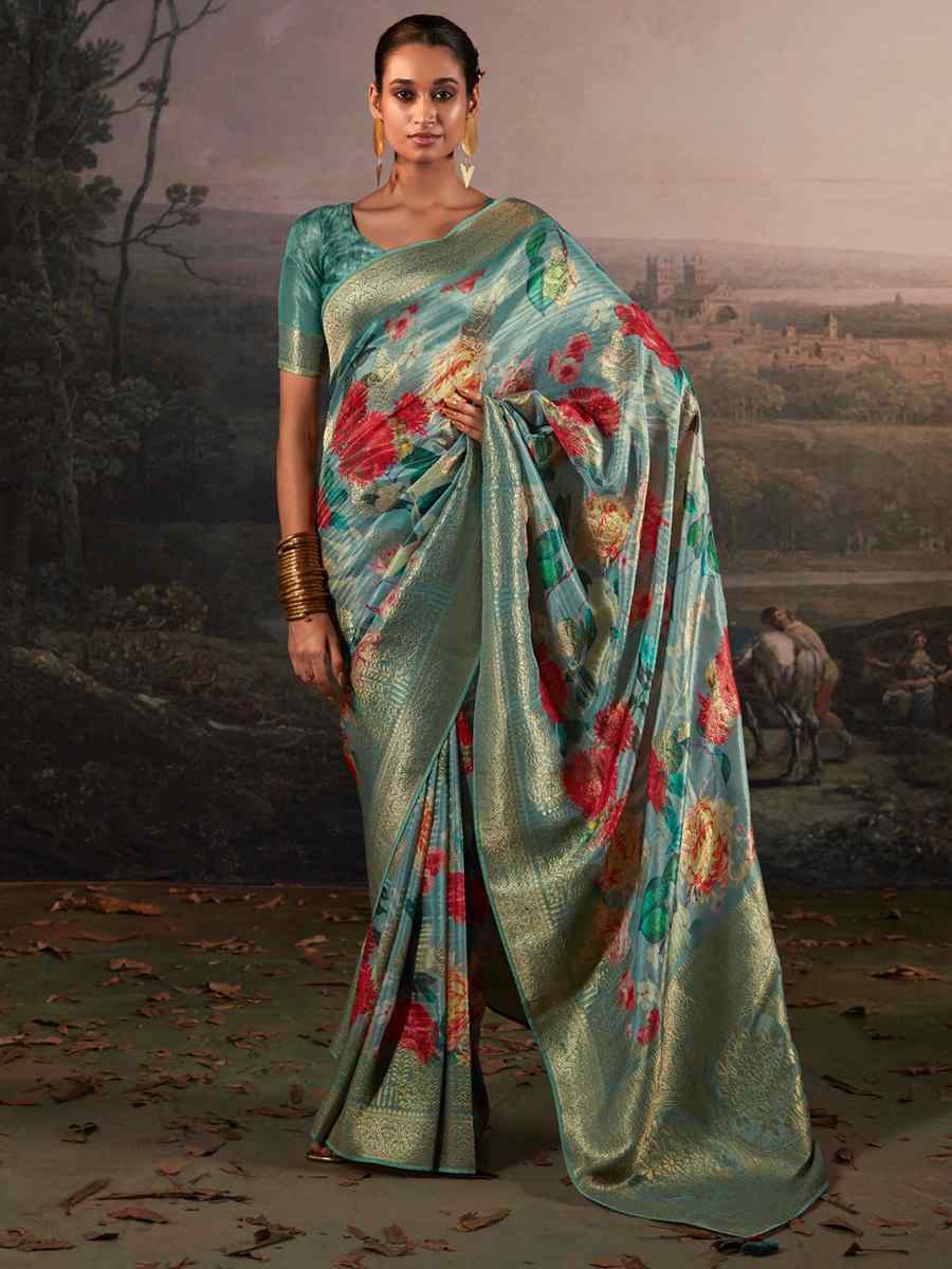 Sky Blue Pure Zari Linen Handwoven Casual Festival Classic Style Saree